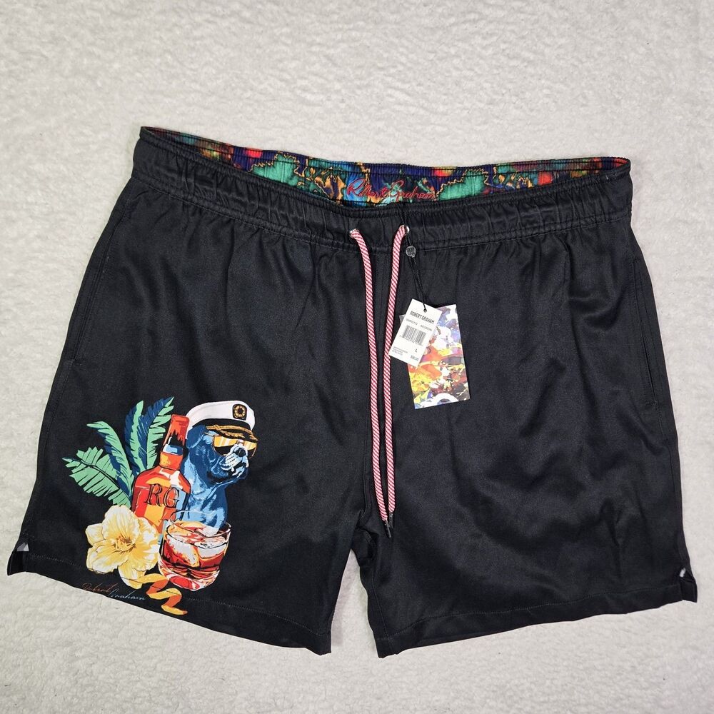 Robert Graham Swim Trunks Mens Large 5" Inseam Black Lined Shorts L Captain Dog